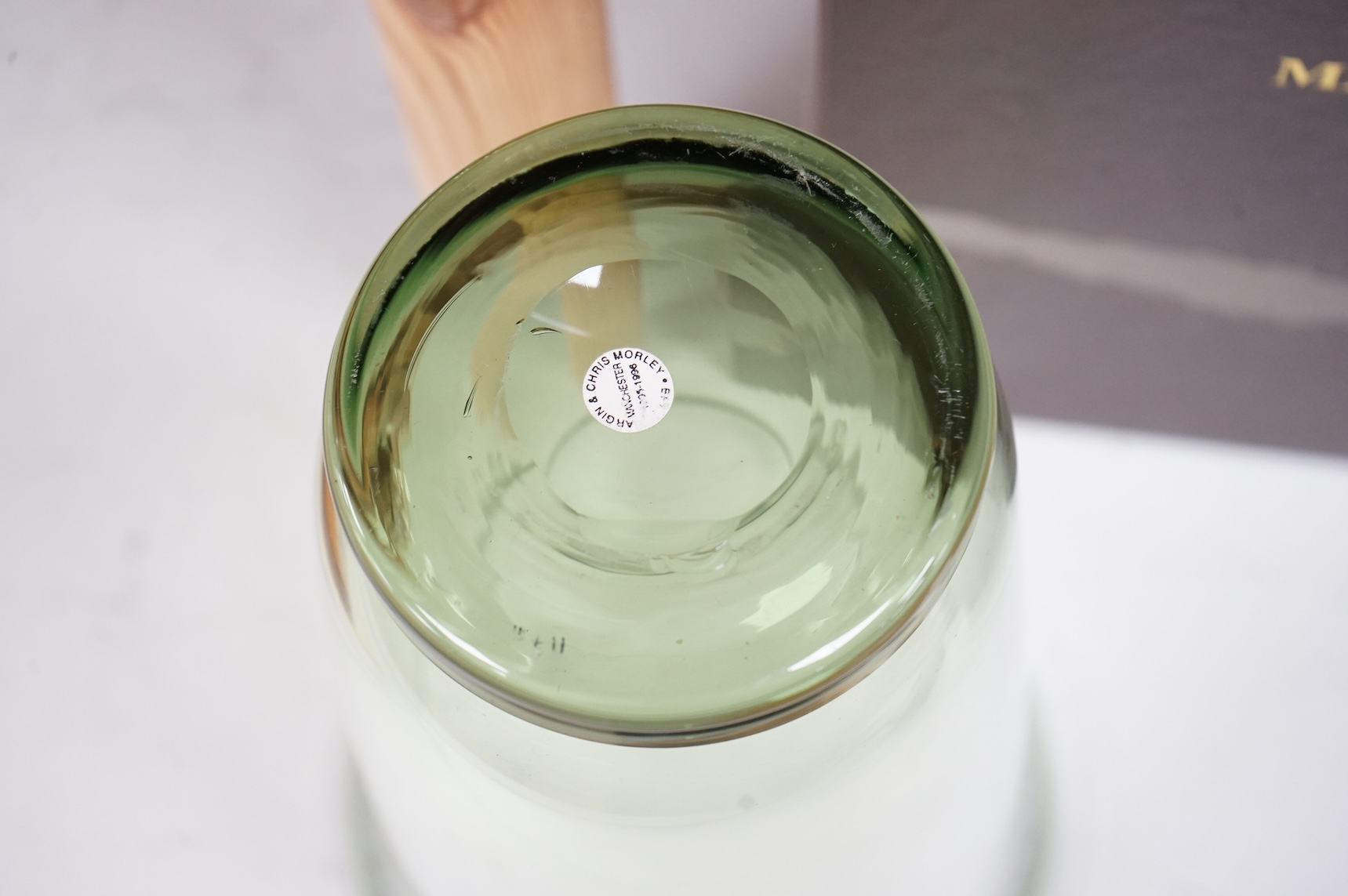 A sea green glass vase designed by James Hogan for Whitefriars in Mallet box, 25cm high